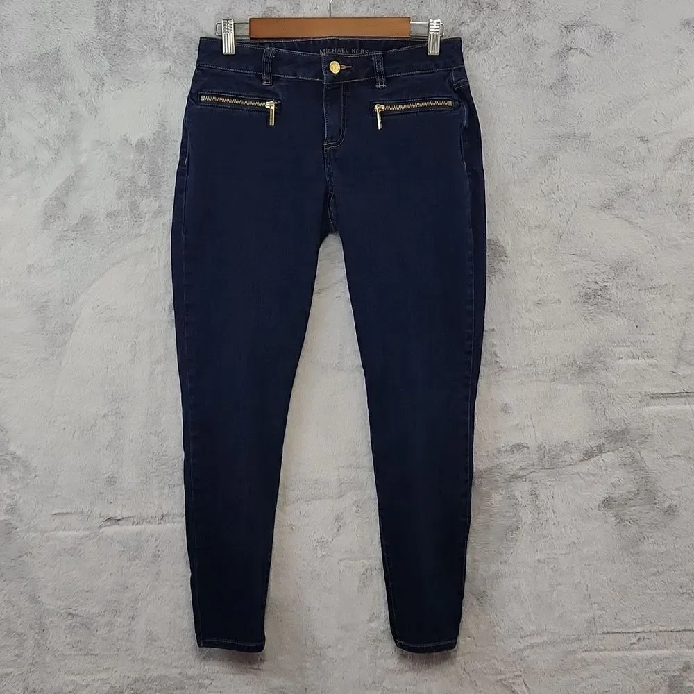 Michael Kors Skinny Jeans Women's Size 2 Dark Wash Gold Zip Pocket Stretch Denim